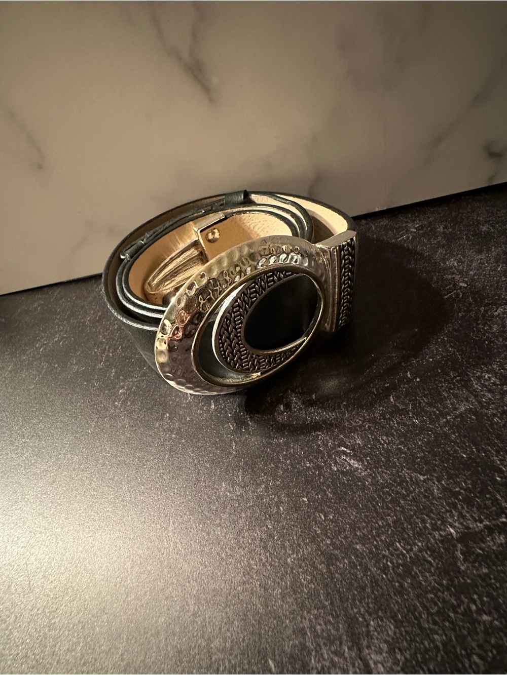 Chico's Black Leather Belt with Ornate Silver-Tone Oval Buckle